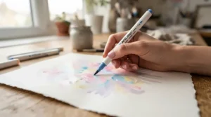 Paper showing colourful watercolour swatches created using economical brush pens under £15