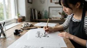 A calligrapher overlaying a tracing paper roll to practice lettering alignment.
