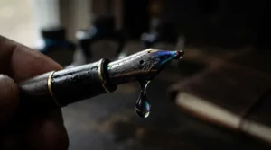 Metallic drawing ink for dip pens glistening on a flexible steel nib