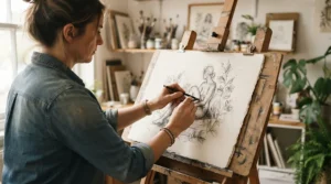 An artist working in a London studio using thick cartridge paper for drawing on a wooden easel.