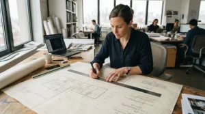 Drafting technical perspective lines on a large sheet of cartridge paper for drawing in a design studio.