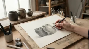 Deep graphite shading techniques showcased on premium cartridge paper for drawing a still life setup.
