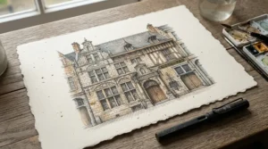 Watercolour and ink wash experiment using heavyweight cartridge paper for drawing architectural sketches.