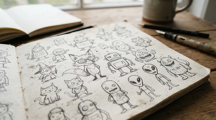 Eco-friendly recycled cartridge paper for drawing used to create whimsical character illustrations.