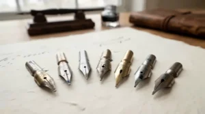 A classic dip pen nib collection displaying various flex and fine-point steel nibs resting on lined paper.
