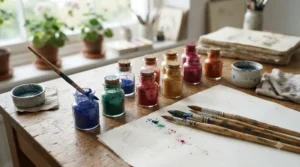 Vibrant coloured drawing ink for dip pens arranged in glass jars on a studio table