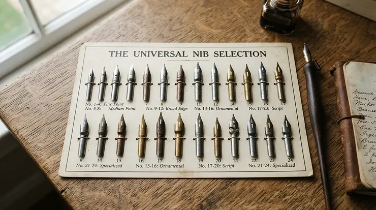 A complete dip pen nib collection showcasing interchangeable steel nibs for copperplate and sketching.