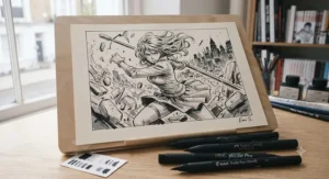 A finished manga artwork masterpiece created entirely using professional brush pens for manga art.