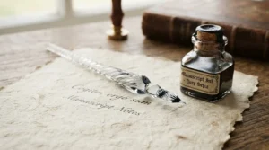 A clear glass dip pen set for beginners displayed next to an ink bottle and practice parchment paper with practice strokes.