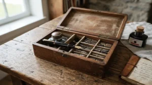 An open wooden box containing a traditional dip pen set for beginners, featuring a wooden holder and assorted metal nibs on a wooden desk.