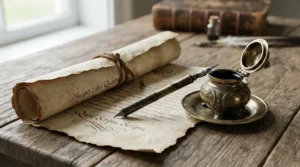 An antique-inspired dip pen set under £25 displayed on an old-fashioned writing desk