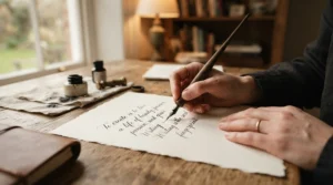 Someone practicing modern script using a dip pen set under £25 on cream paper