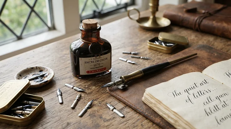 A calligraphy dip pen set under £25 laid out neatly on a wooden desk with starter nibs and ink, dip pen sets under £25
