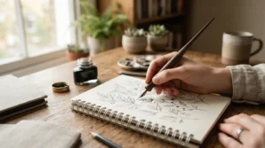 A student sketching with a dip pen set under £25 in a university sketchbook