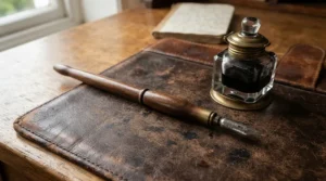 A traditional wooden pen holder from a dip pen set under £25 resting beside an inkwell
