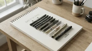 A smooth cartridge drawing paper pad under £10 laid out with ink pens and fine-liners.