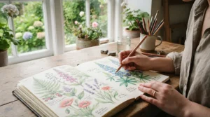 A general-purpose drawing paper pad under £10 being used for mixed media doodles in a cosy room.