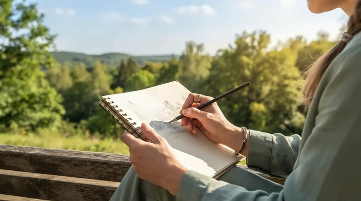 A portable drawing paper pad under £10 used for landscape sketching in a local park.