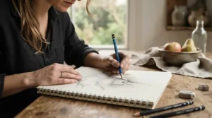 A student using a drawing paper pad under £10 for detailed pencil sketching at a wooden desk.