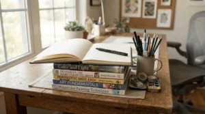 Essential student supplies including a drawing paper pad under £10 stacked with textbooks.