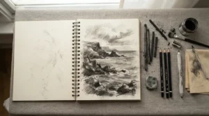 A value pad drawing paper pad under £10 shown open with a completed charcoal drawing.