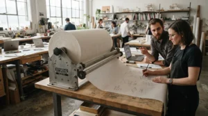 An extra-long tracing paper roll positioned on a craft table for large-scale projects.