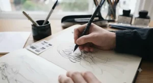An artist using fine-tip brush pens for manga art to create precise line work and intricate details on comic book panels.