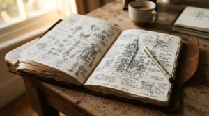 Detailed fountain pen ink sketches filling the cream-coloured pages of a lay-flat hardback sketchbook.