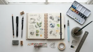 A creative flat lay featuring an open hardback sketchbook surrounded by paints, brushes, and fine-liner pens.