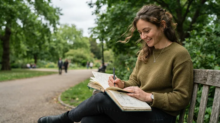 A compact hardback sketchbook held securely in hands for urban sketching in a city park.