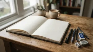 An open hardback sketchbook resting on a rustic wooden desk with sketching pencils and a cup of tea nearby.
