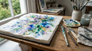 Vibrant watercolour wash drying on the thick pages of a hardback sketchbook during an outdoor painting session.