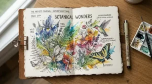 Mixed media artwork featuring ink outlines and watercolour washes displayed inside a hardback sketchbook.