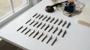A modern calligraphy dip pen nib collection showing flexible steel points ready for writing.