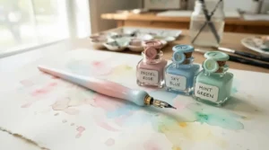 A modern pastel-coloured dip pen set for beginners surrounded by colourful ink bottles and watercolour splashes.