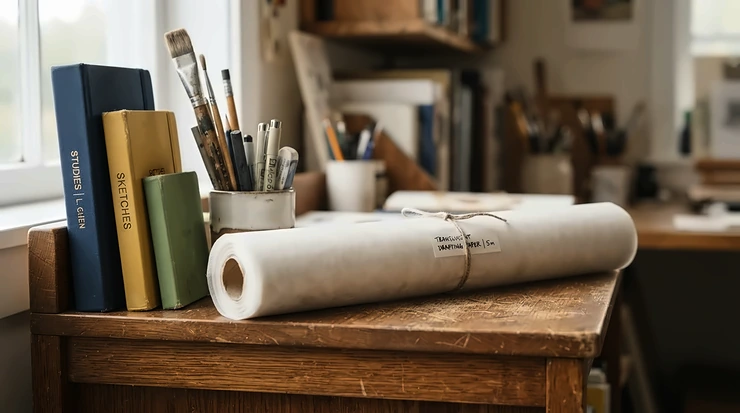 A neatly packaged tracing paper roll stored in an organized design studio.