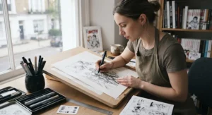 A professional illustrator working in a British art studio using high-quality brush pens for manga art.