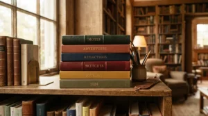 A neat stack of hardback sketchbooks stored vertically on a wooden bookshelf in a home studio.