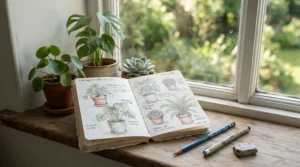 Drawing house plants using sketchbooks under £15 on a sunlit windowsill in a living room.