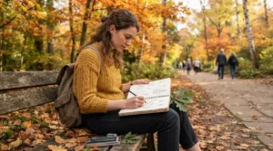 A person using sketchbooks under £15 for everyday sketching outdoors on a wooden park bench during autumn.