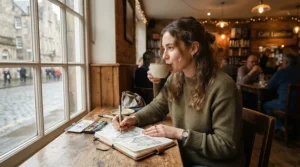 Someone sketching architecture in sketchbooks under £15 while sitting at a corner table in a bustling local café.