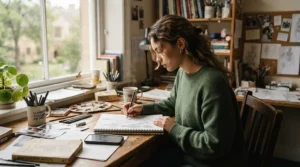 An art student working on a sketchbooks under £15 layout at a university desk, surrounded by pencils and textbooks.