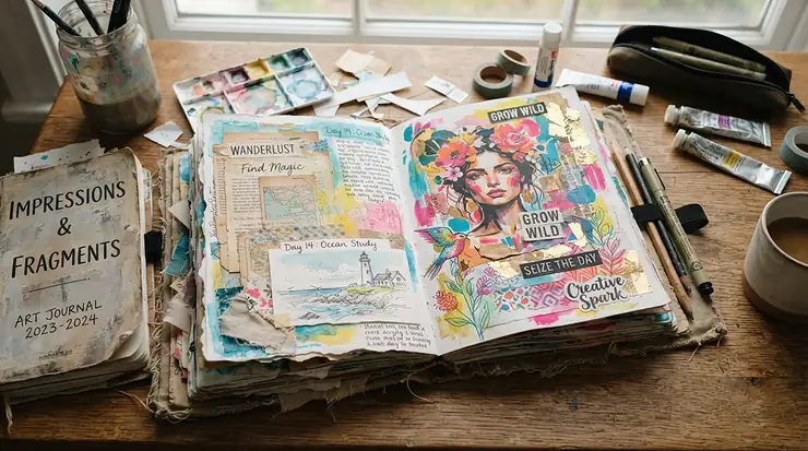 Collage and mixed media art pieces compiled inside sketchbooks under £15 for university assignments.