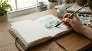 Applying light watercolour washes inside sketchbooks under £15, ideal for a student budget art portfolio.