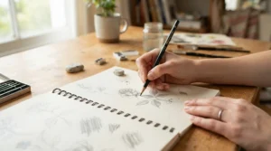 Demonstrating a spiral bound sketchbook vs hardback layout for beginners learning to draw in a London art class