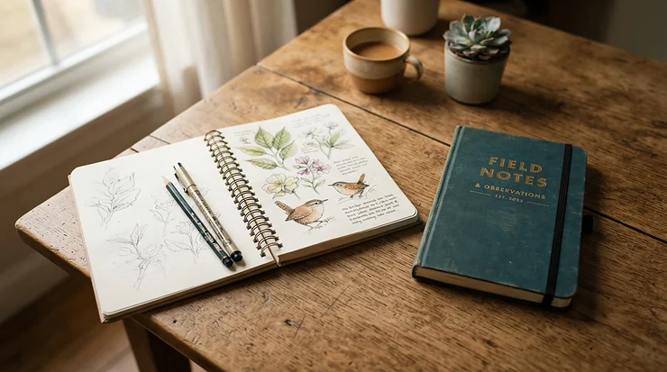 A spiral bound sketchbook vs hardback comparison laid out on a rustic wooden desk with sketching pencils in a British studio