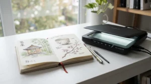 Scanning completed ink drawings for a spiral bound sketchbook vs hardback test on a modern desk setup in Bristol