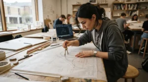 A student working on a design project with a compact tracing paper roll.