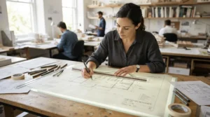A large tracing paper roll unrolled across a drawing board during architectural layout work.