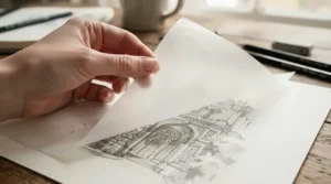 Close-up of a tracing paper roll highlighting its high transparency over a detailed sketch.